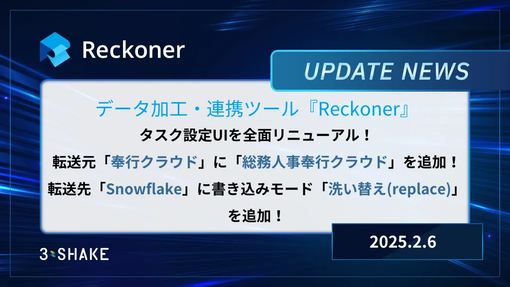 タスク設定画面の全面リニューアル、転送元奉行クラウドに「総務人事奉行クラウド」を追加、転送先Snowflakeに書き込みモード「洗い替え(replace)」を追加しましたサムネイル