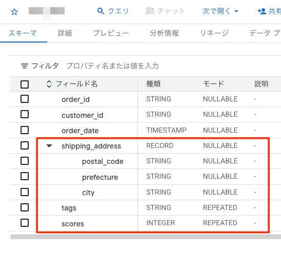 BQ_型1 | Reckoner Database table editor showing fields order_id, customer_id, order_date, and shipping_address with postal_code, prefecture, city; also tags and scores.