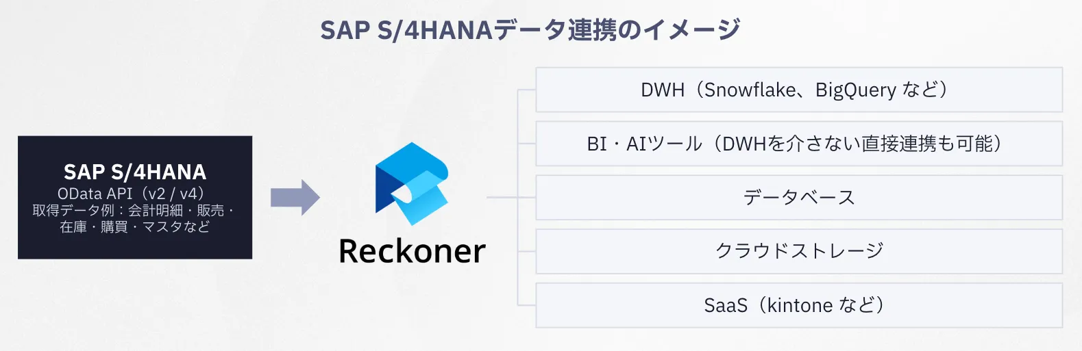 Diagram of SAP S/4HANA data integration to Reckoner showing five destinations: DWH, BI/AI tools, database, cloud storage, SaaS.